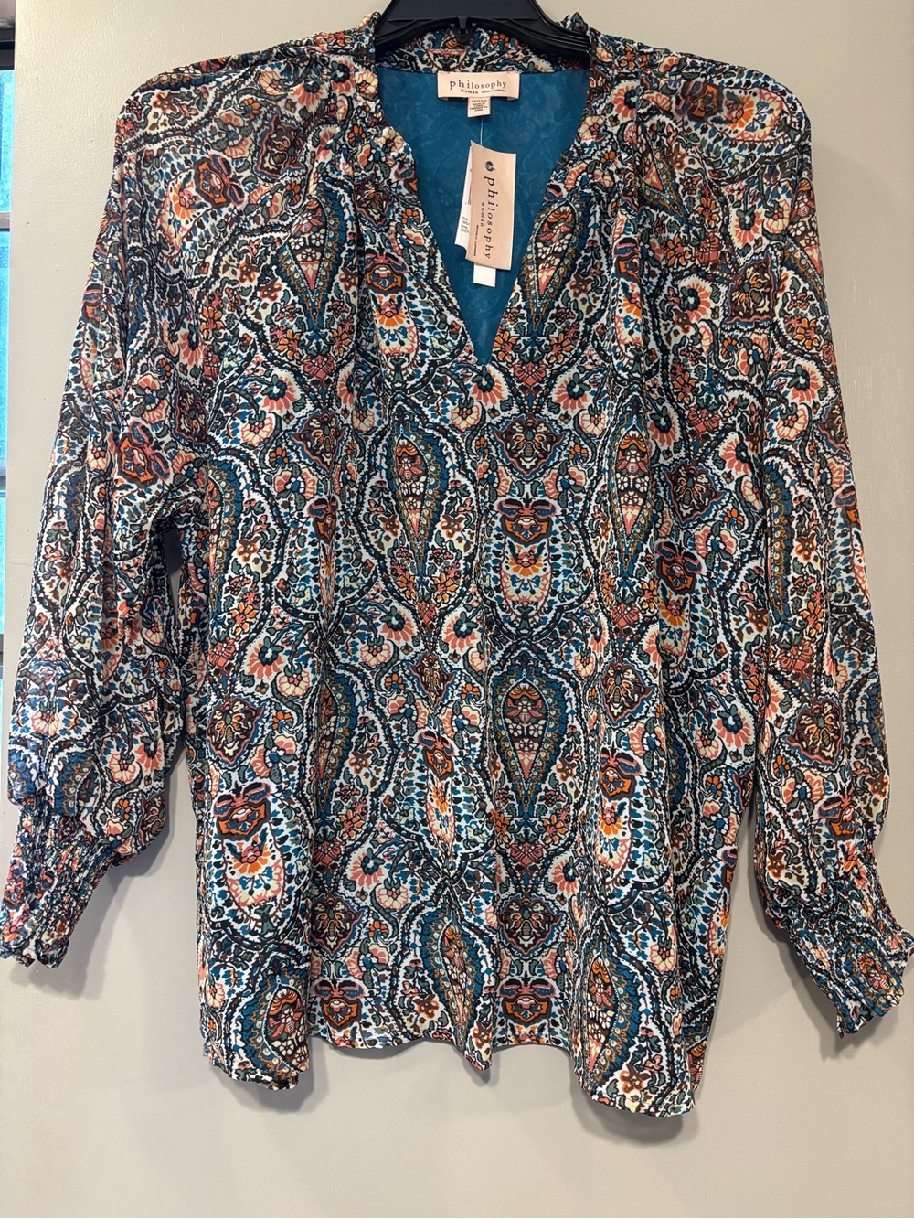 Philosophy Teal and Rust Paisley V-Neck Blouse
